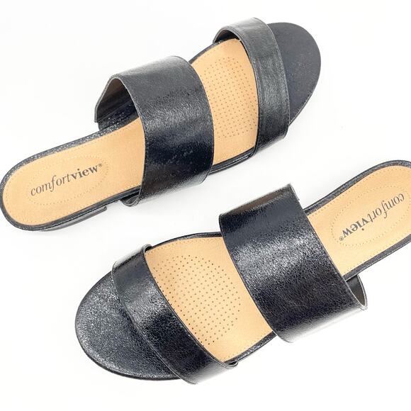 Comfort View Womens 8.5 WW Shadi Black Metallic Slip On Sandal Slides Flats - Picture 2 of 8